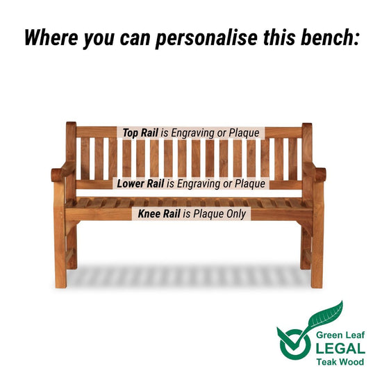 Wooden bench with text indicating where to personalize it, featuring Green Leaf Legal branding.