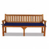large 4 seat teak garden bench with a blue cushion on a white background