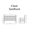 Dimensions of a 4-seat Sandhurst bench on a white background