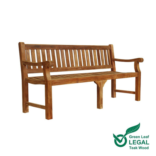 large 4 seat teak garden bench with 'Green Leaf Legal Teak Wood' logo on a white background
