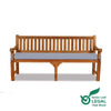 large 4 seat teak garden bench with a white cushion on a white background, featuring the Green Leaf Legal Teak Wood logo.