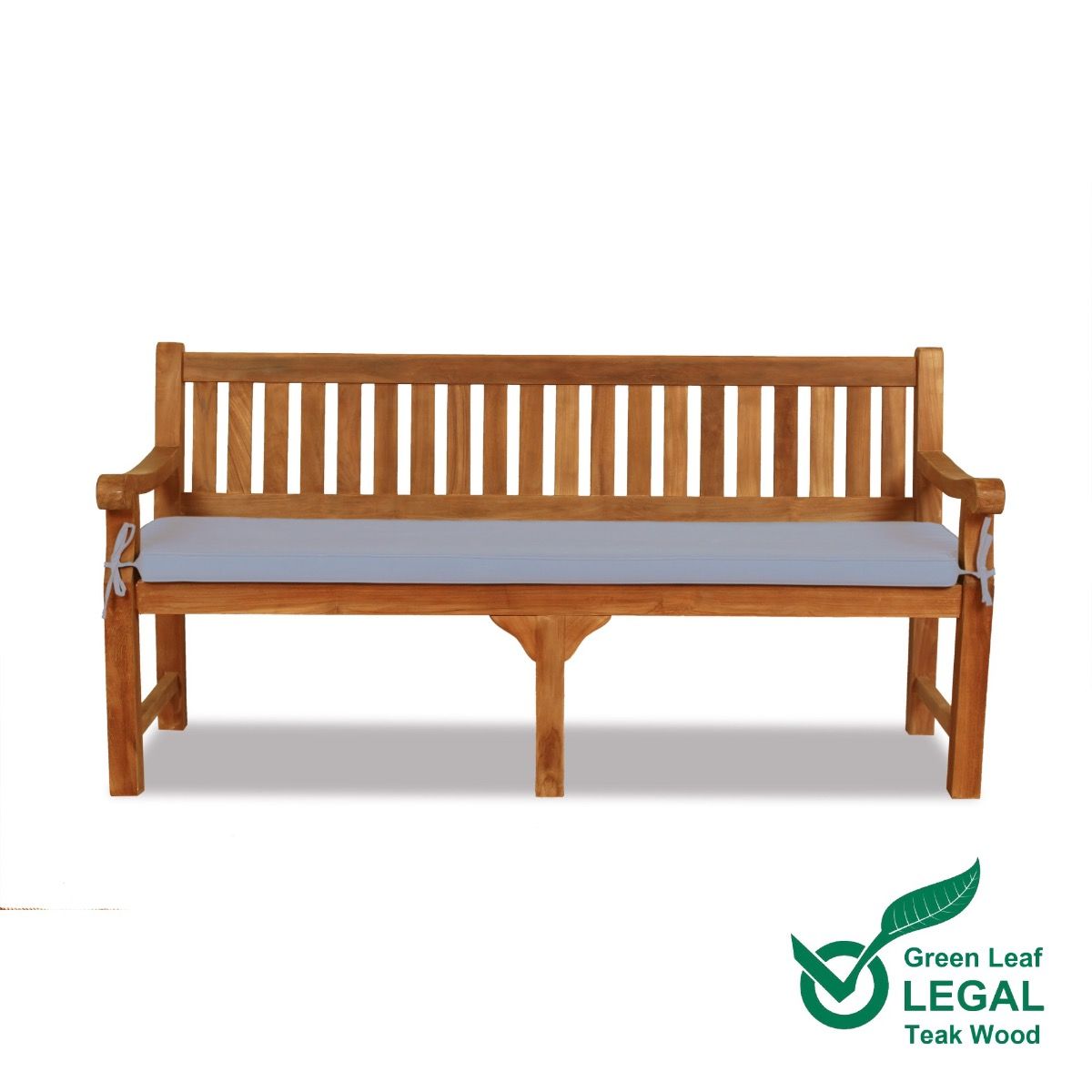 large 4 seat teak garden bench with a white cushion on a white background, featuring the Green Leaf Legal Teak Wood logo.