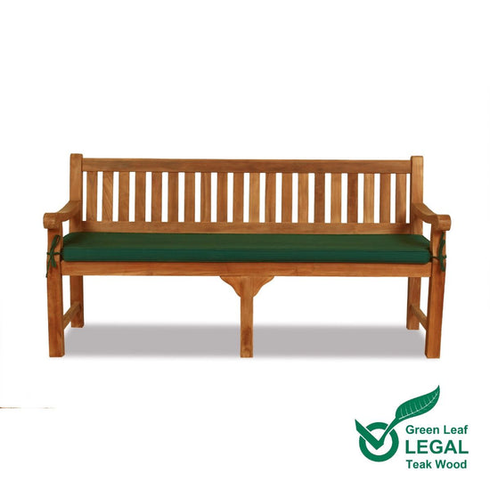 large 4 seat teak garden bench with green cushion on a white background, featuring Green Leaf Legal logo.