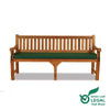 large 4 seat teak garden bench with green cushion on a white background, featuring Green Leaf Legal logo.