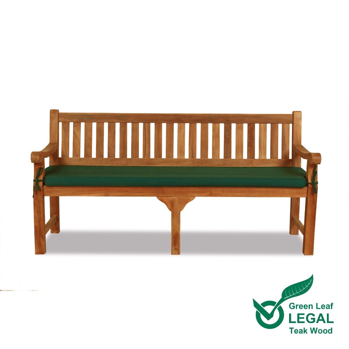 large 4 seat teak garden bench with green cushion on a white background, featuring Green Leaf Legal logo.