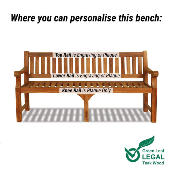 Wooden bench with text indicating where to personalise it, on a white background with Green Leaf Legal branding.