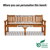 Wooden bench with text indicating where to personalise it, on a white background with Green Leaf Legal branding.