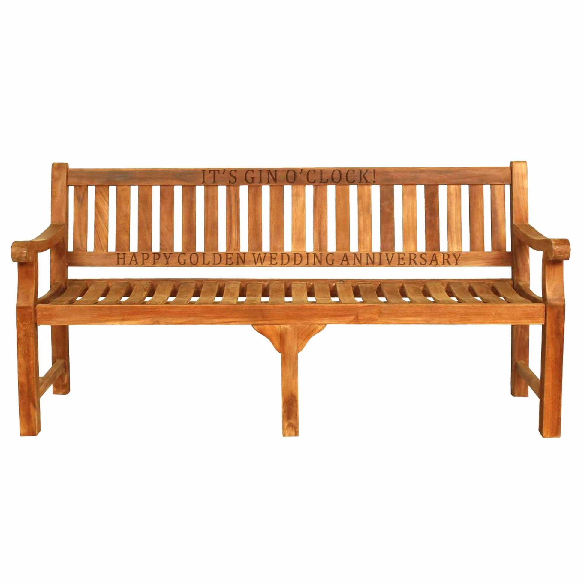 large 4 seat teak garden bench with engraved text on a white background