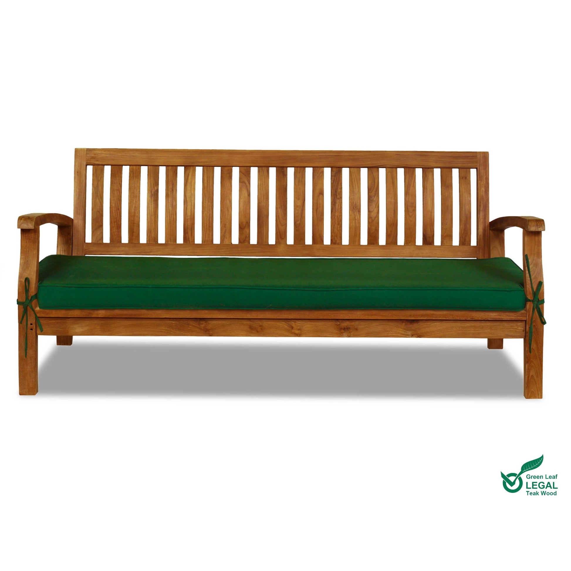 Wooden daybed with green cushion on a white background