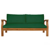 Wooden sofa with green cushions on a white background