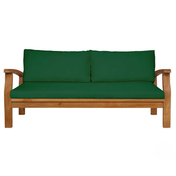 Wooden sofa with green cushions on a white background
