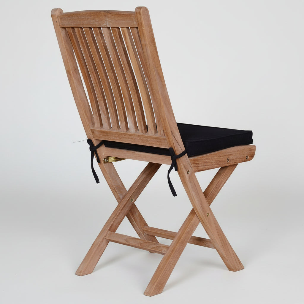 quality teak wooden chair with a black cushion on a white background