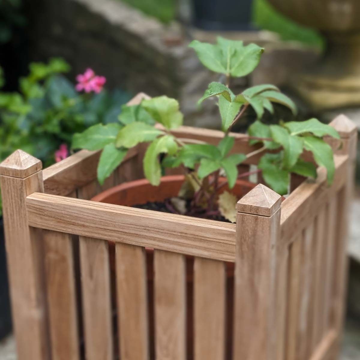 Wooden planter box with a potted plant in a garden setting