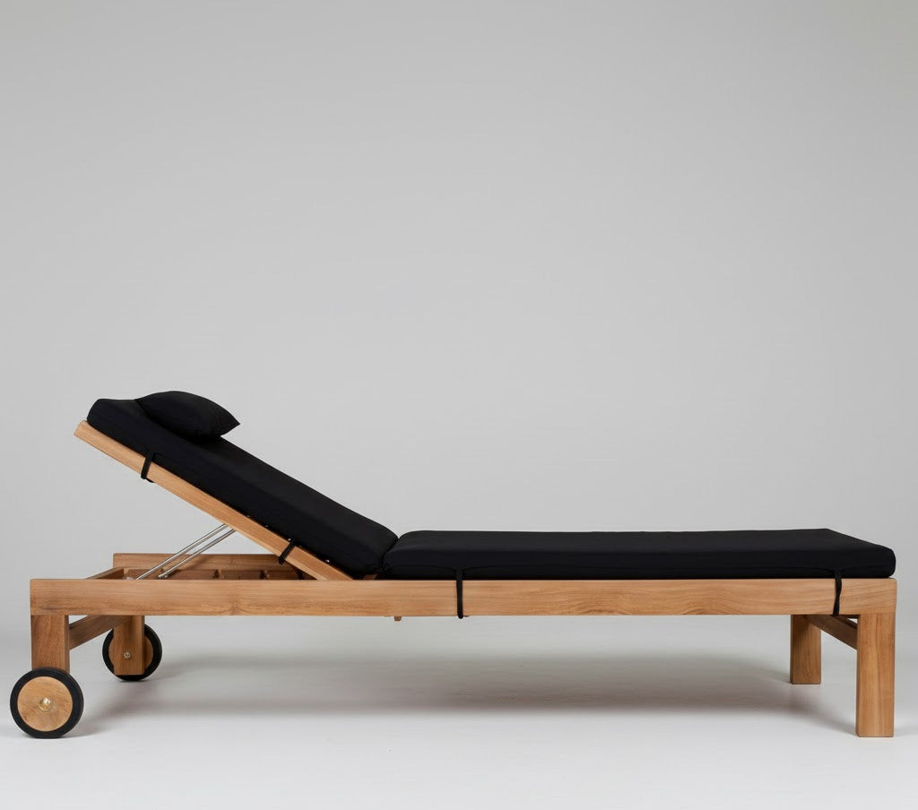 Teak wood sun lounger, with wheels,  black cushions white background