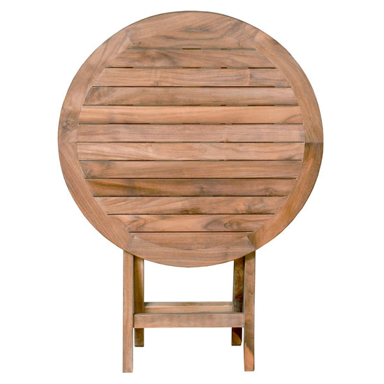 Round wooden folding bistro table on a white background