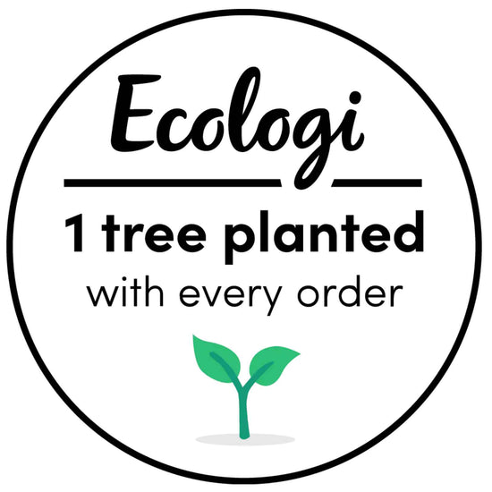 Logo for Ecologi with text '1 tree planted with every order' and a small graphic of a tree sapling.