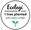 Logo for Ecologi with text '1 tree planted with every order' and a small graphic of a tree sapling.