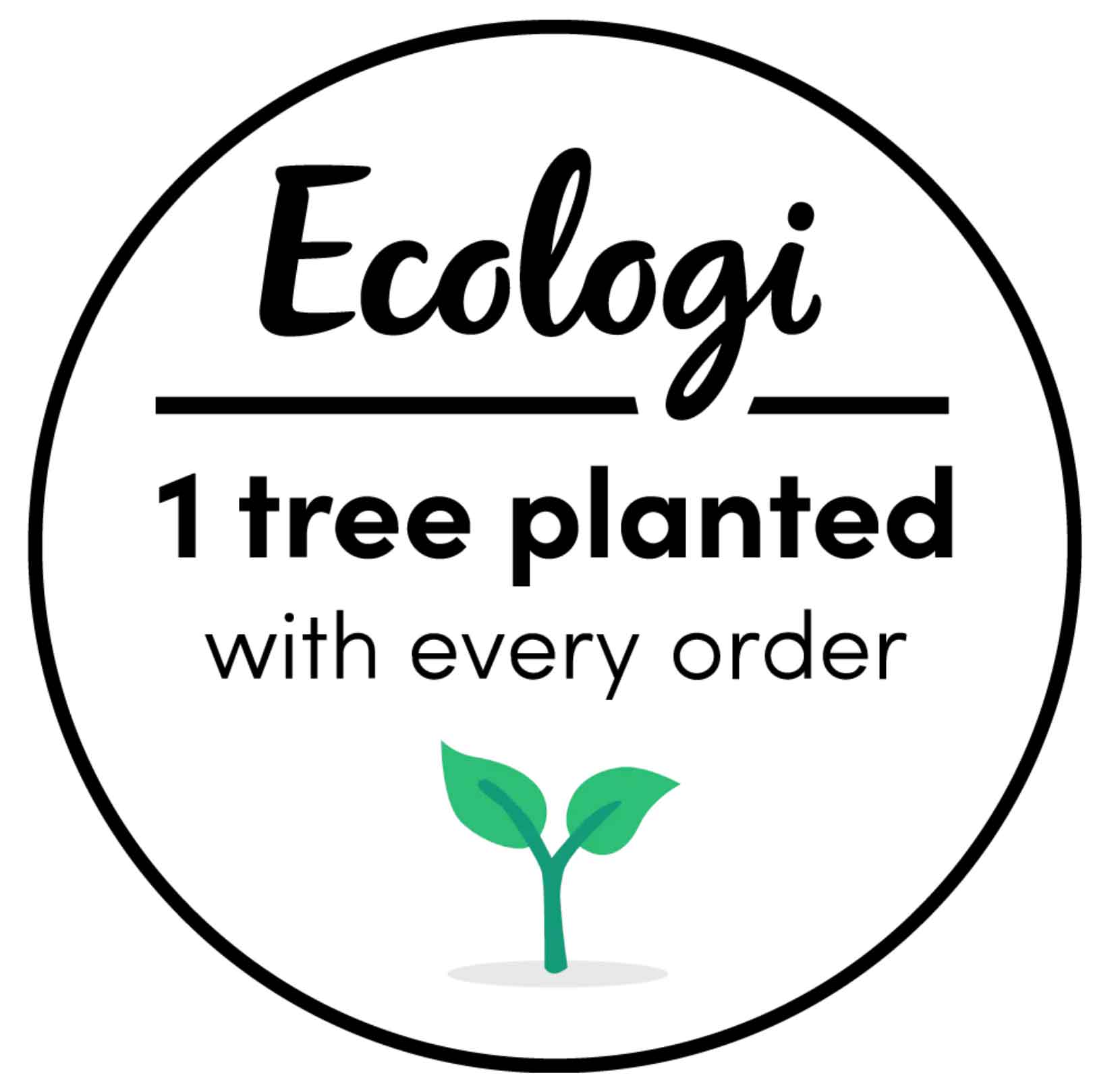 Logo for Ecologi with text '1 tree planted with every order' and a small graphic of a tree sapling.