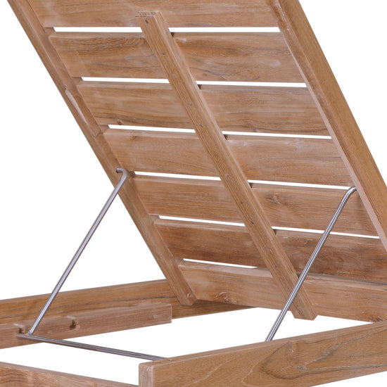 Wooden sun lounger chair with metal supports on a white background