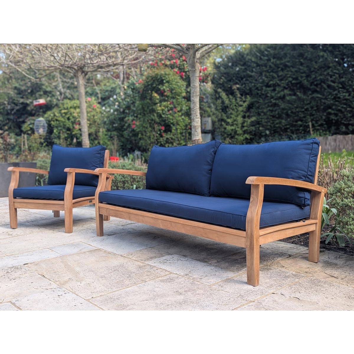 garden daybed with blue cushions