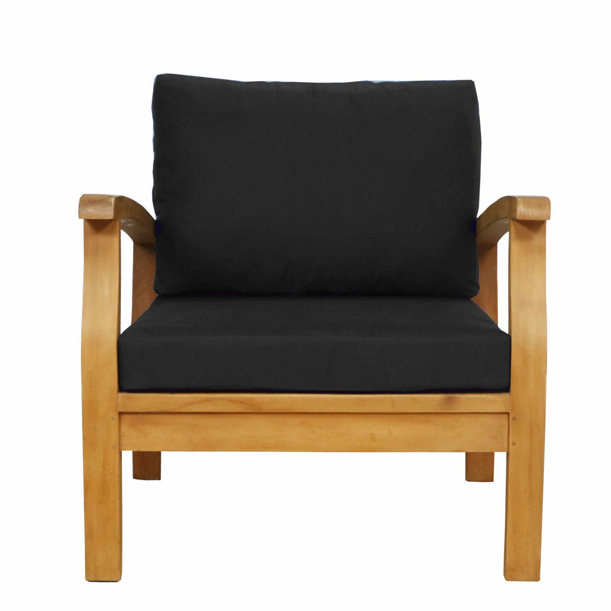 Wooden armchair with black cushions on a white background