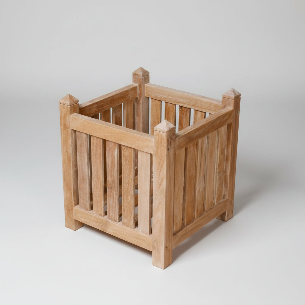 Wooden teak planter box with slatted design on a white background